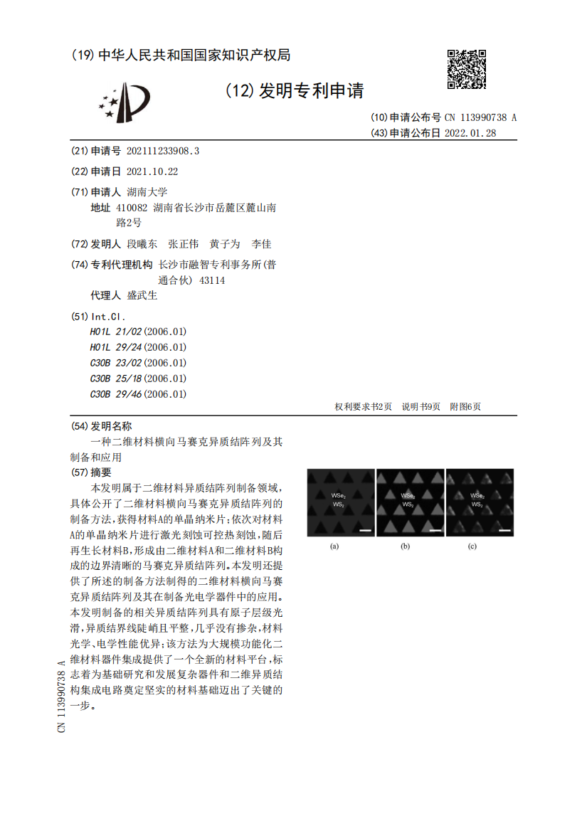 一种二维材料横向马赛克异质结阵列及其制备和应用