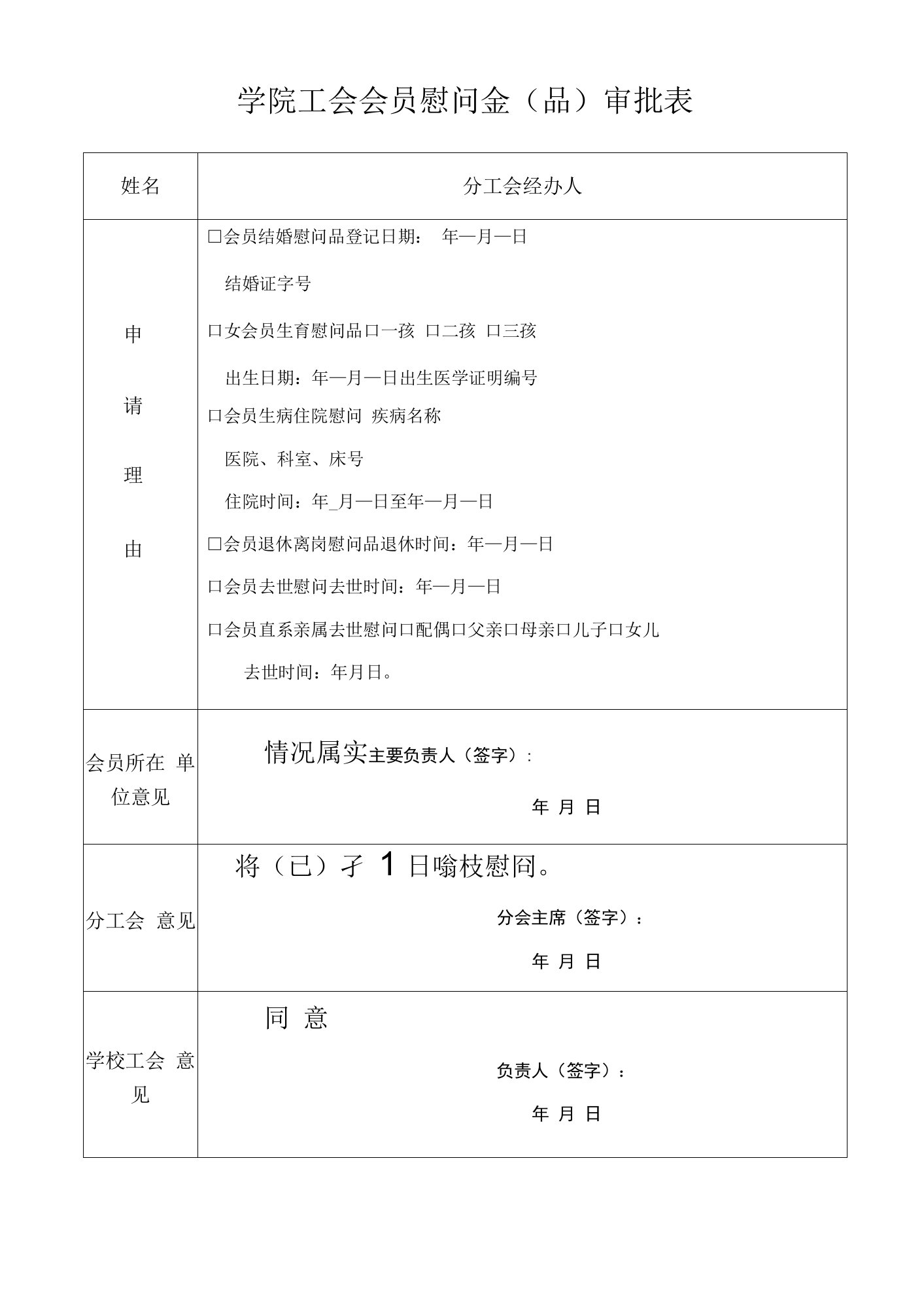 学院工会会员慰问金（品）审批表