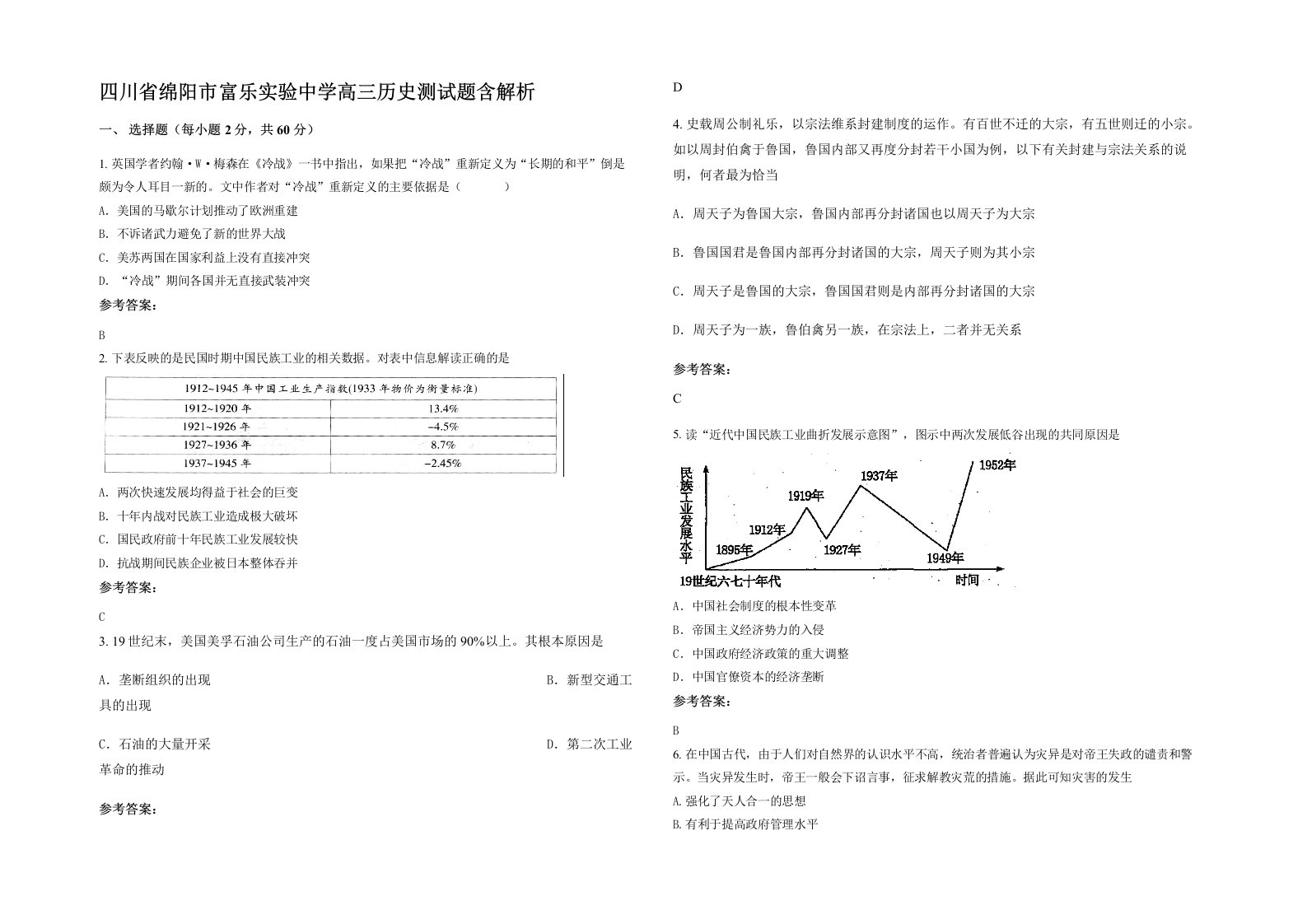 四川省绵阳市富乐实验中学高三历史测试题含解析