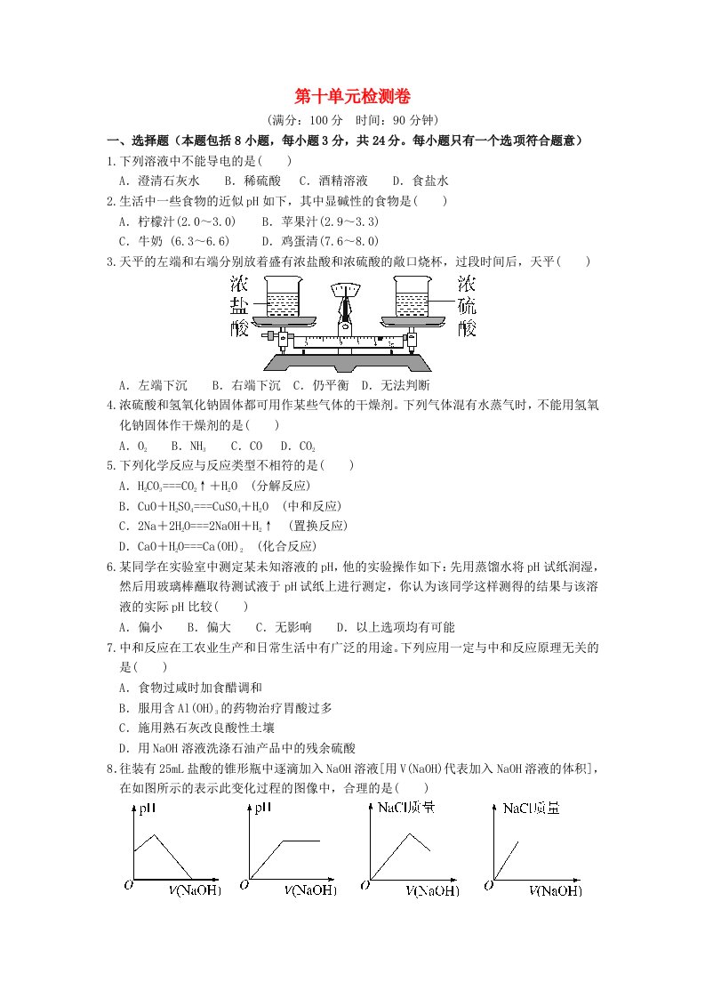 2019-2020学年九年级化学下册第十单元酸和碱检测卷新版新人教版