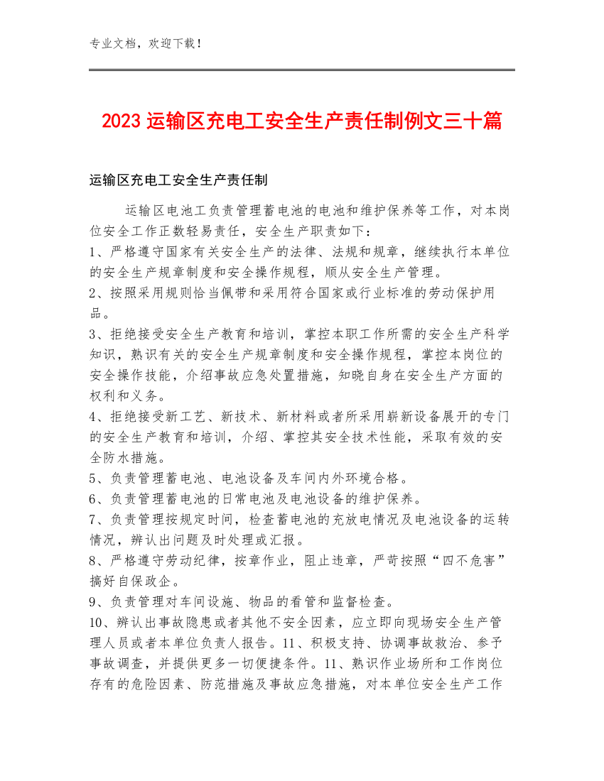 2023运输区充电工安全生产责任制例文三十篇