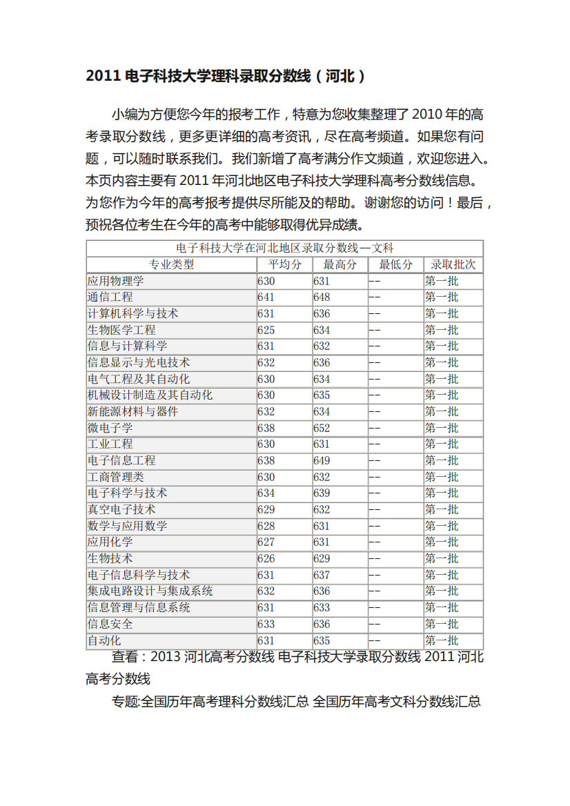 2011电子科技大学理科录取分数线(河北)