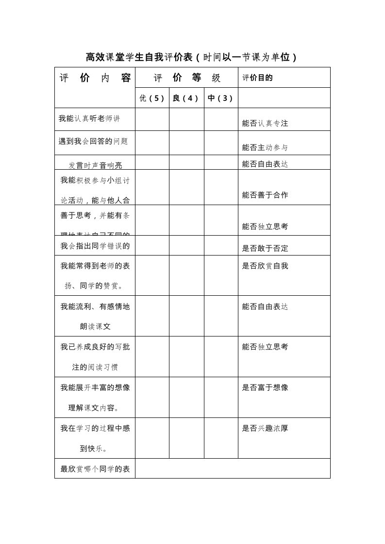 高效课堂学生自我评价表