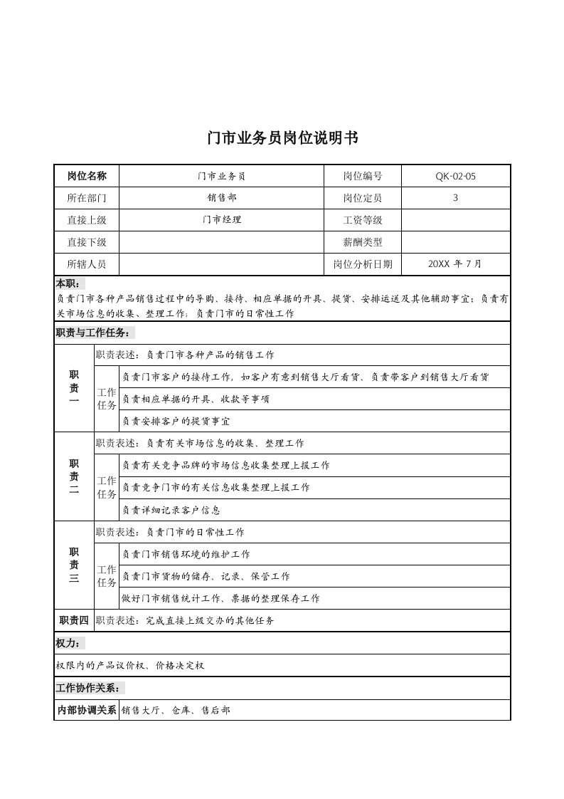 推荐-乾坤木业公司门市业务员岗位说明书