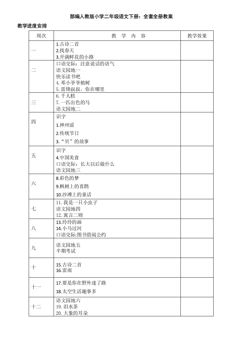 部编人教版小学二年级语文下册：全套全册教案