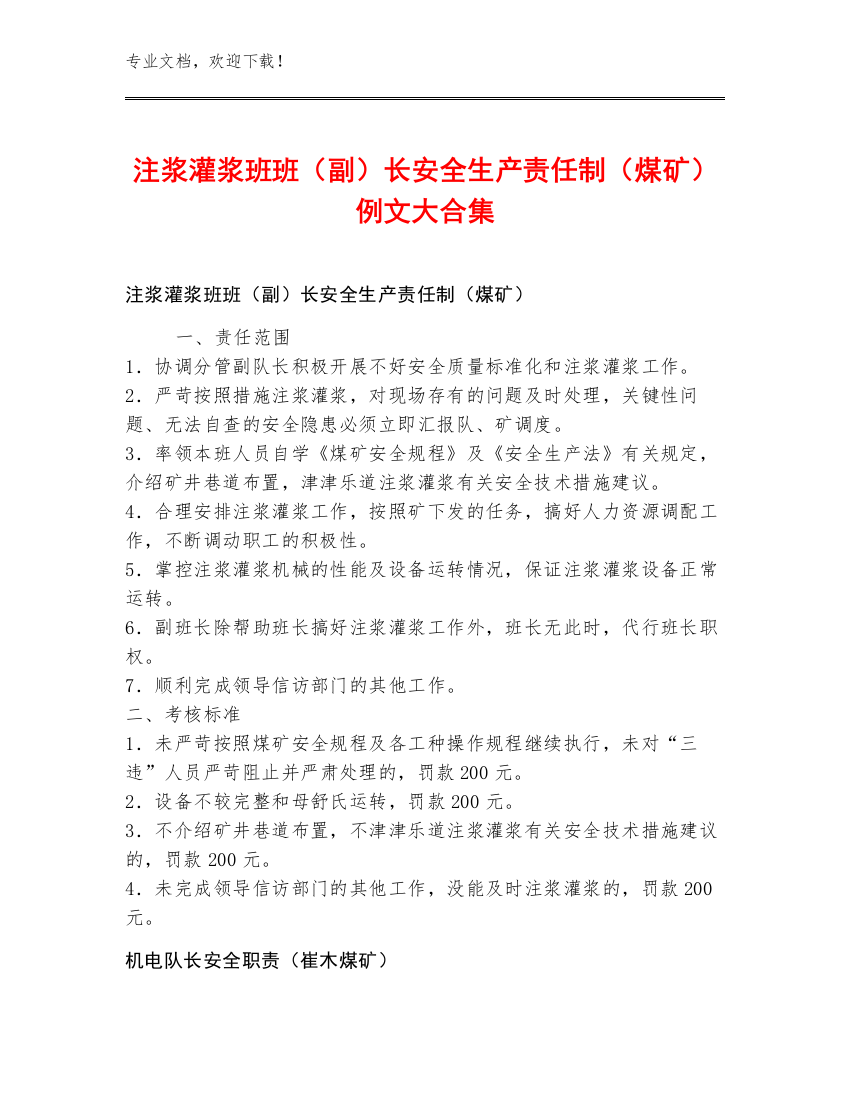 注浆灌浆班班（副）长安全生产责任制（煤矿）例文大合集