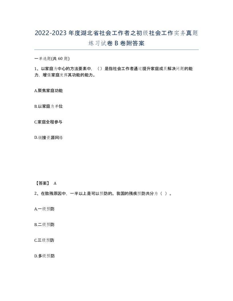 2022-2023年度湖北省社会工作者之初级社会工作实务真题练习试卷B卷附答案