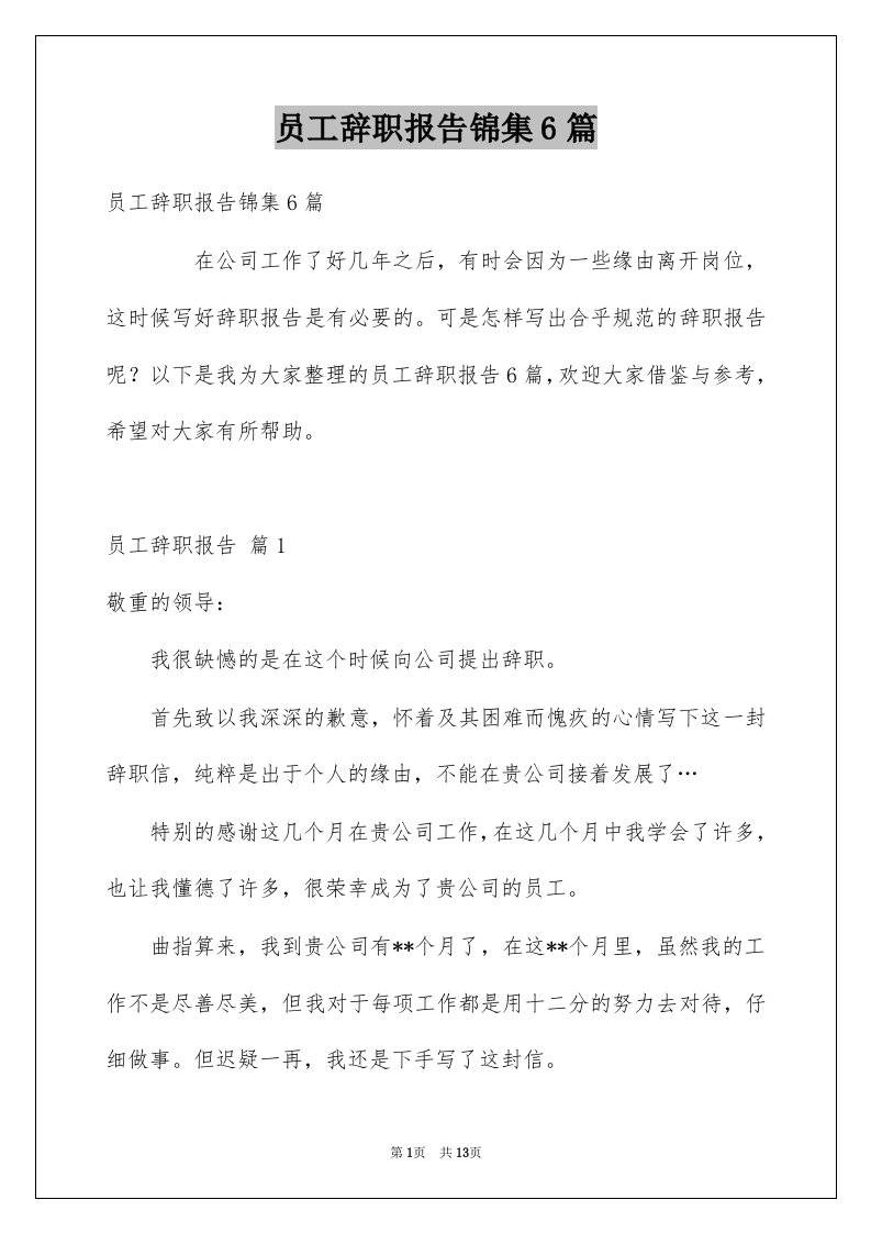 员工辞职报告锦集6篇例文