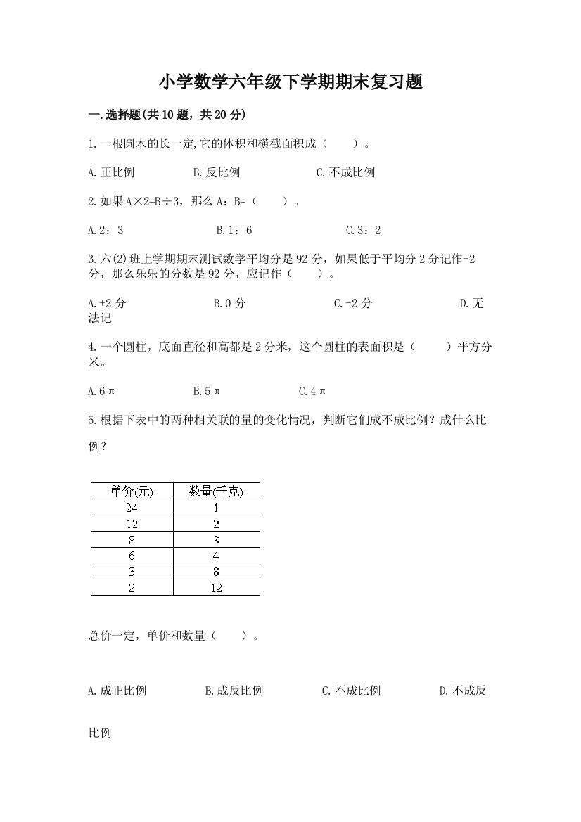 小学数学六年级下学期期末复习题【研优卷】