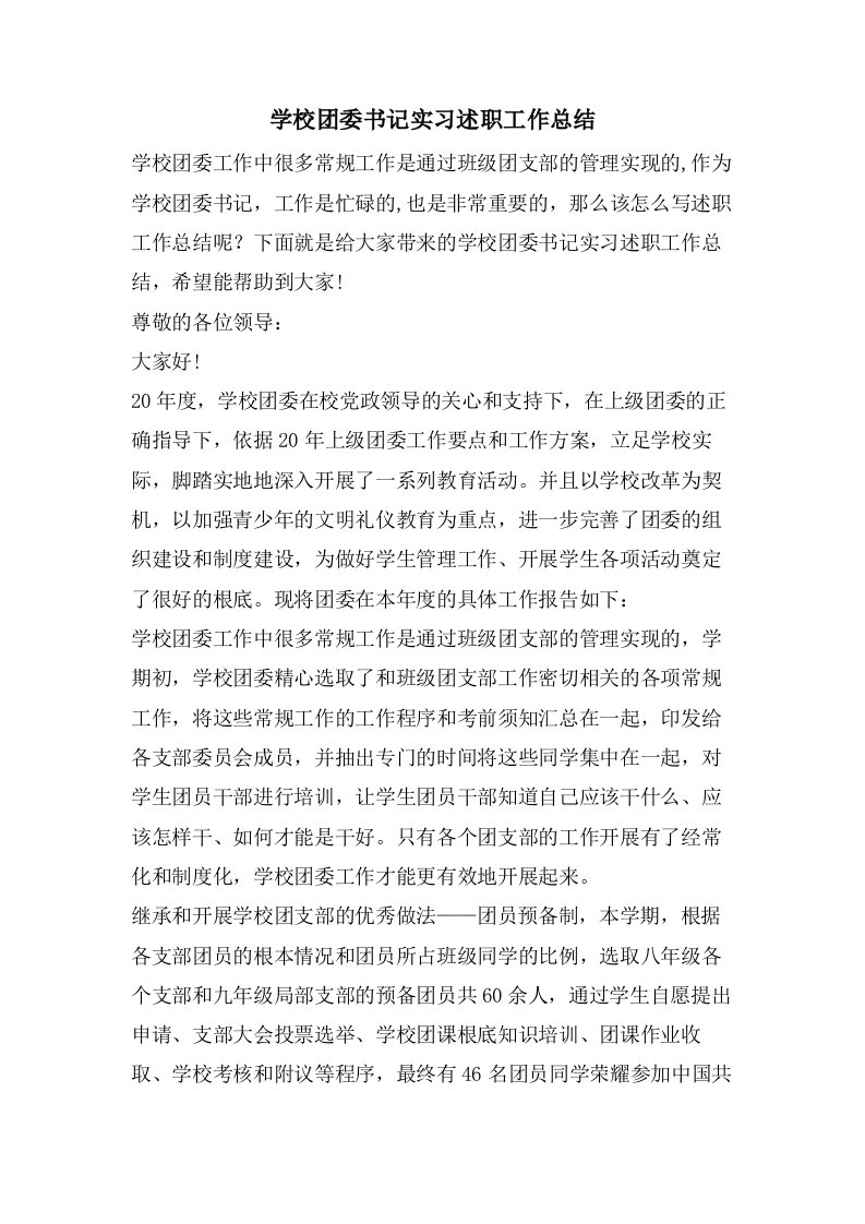 学校团委书记实习述职工作总结