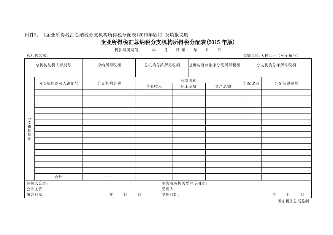 企业所得税汇总纳税分支机构所得税分配表(2015年版)及填报说明