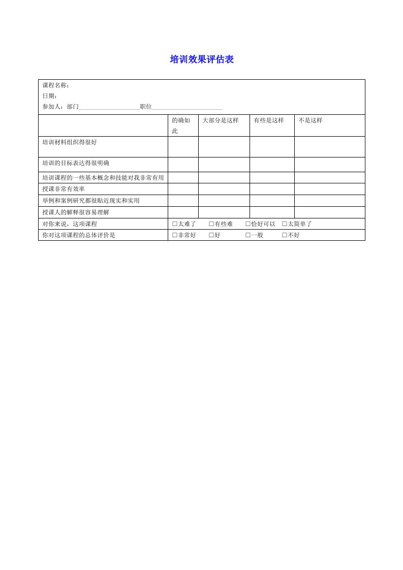 人事管理-培训效果评估表