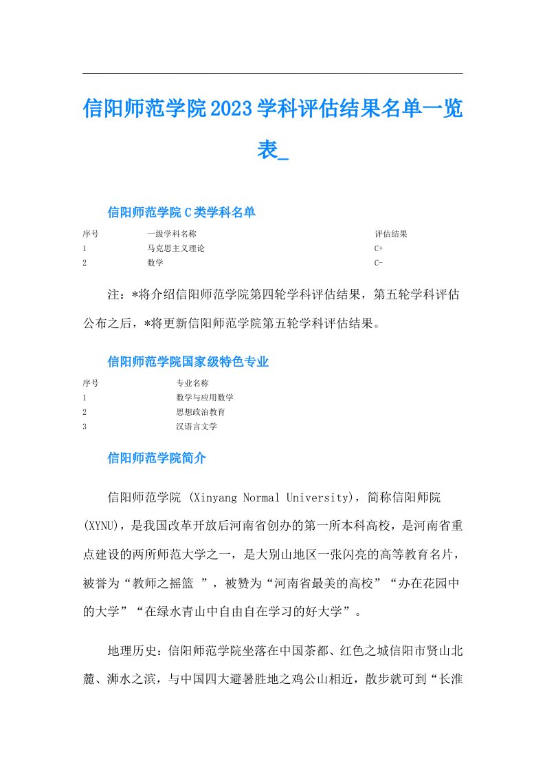 信阳师范学院学科评估结果名单一览表