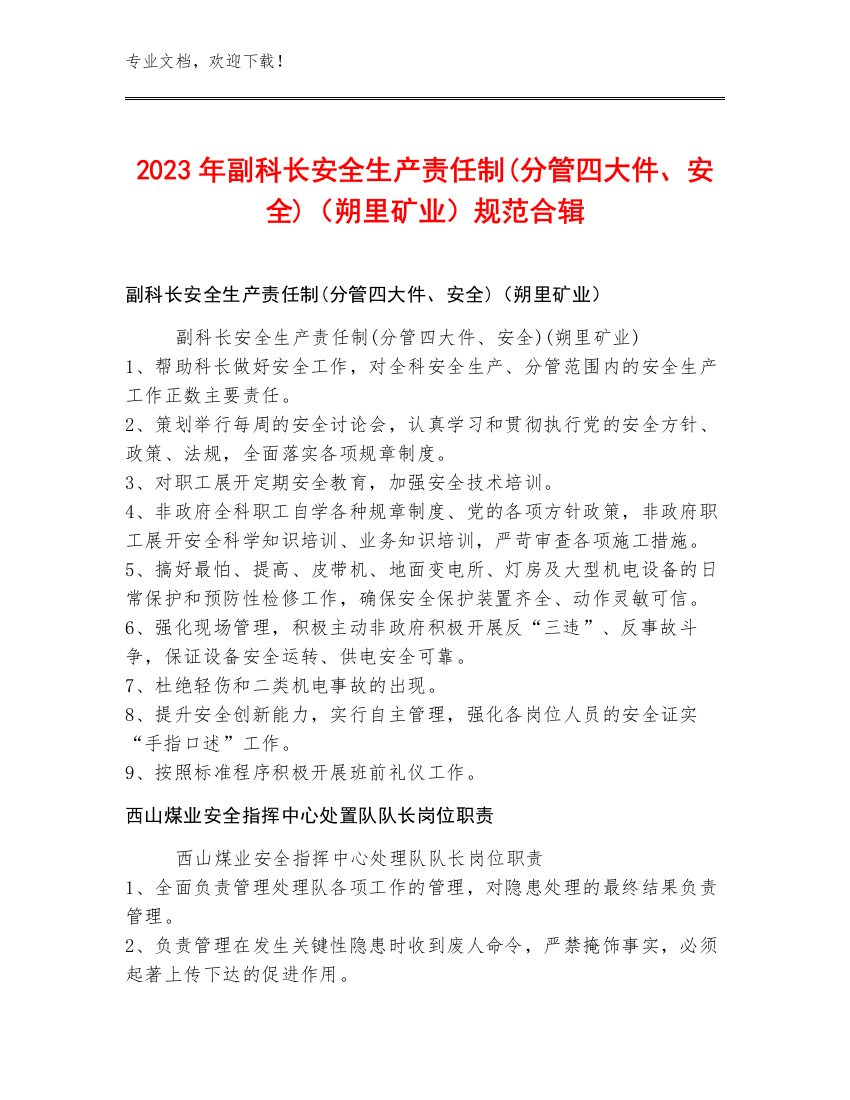 2023年副科长安全生产责任制(分管四大件、安全)（朔里矿业）规范合辑