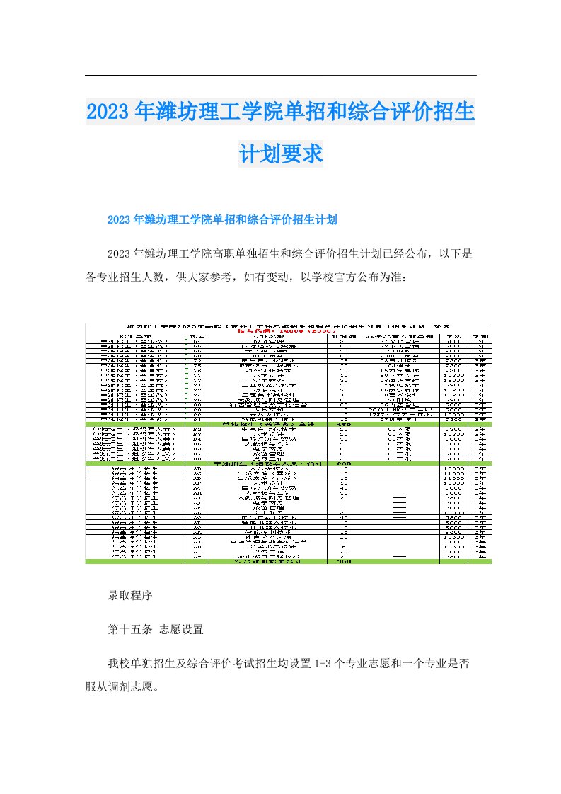 潍坊理工学院单招和综合评价招生计划要求