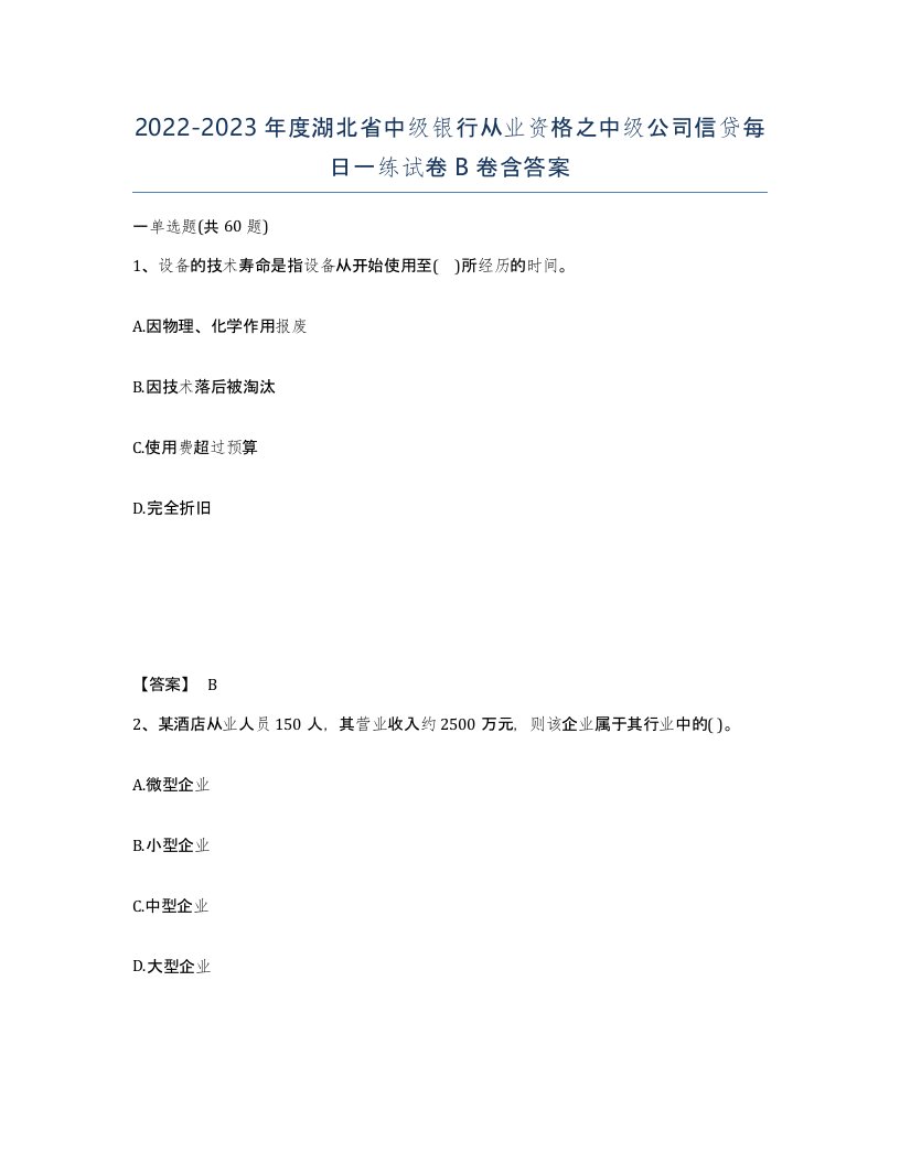 2022-2023年度湖北省中级银行从业资格之中级公司信贷每日一练试卷B卷含答案