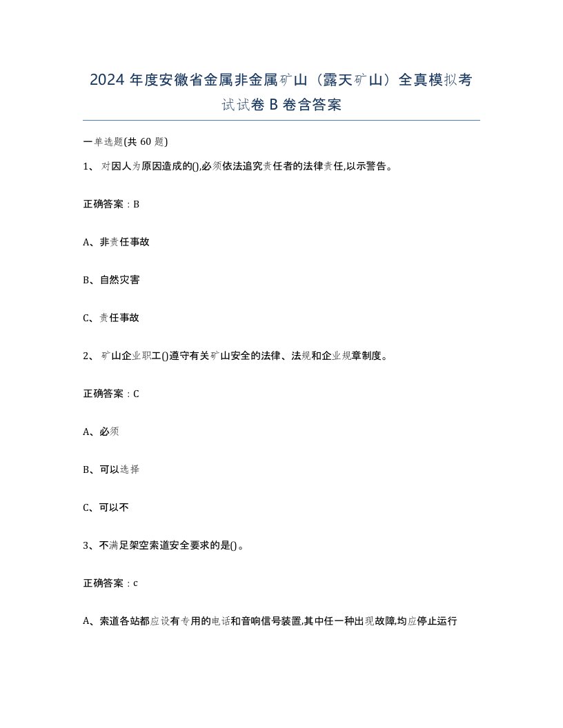 2024年度安徽省金属非金属矿山露天矿山全真模拟考试试卷B卷含答案