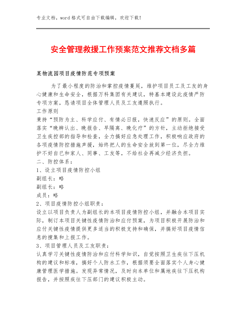 安全管理救援工作预案范文推荐文档多篇