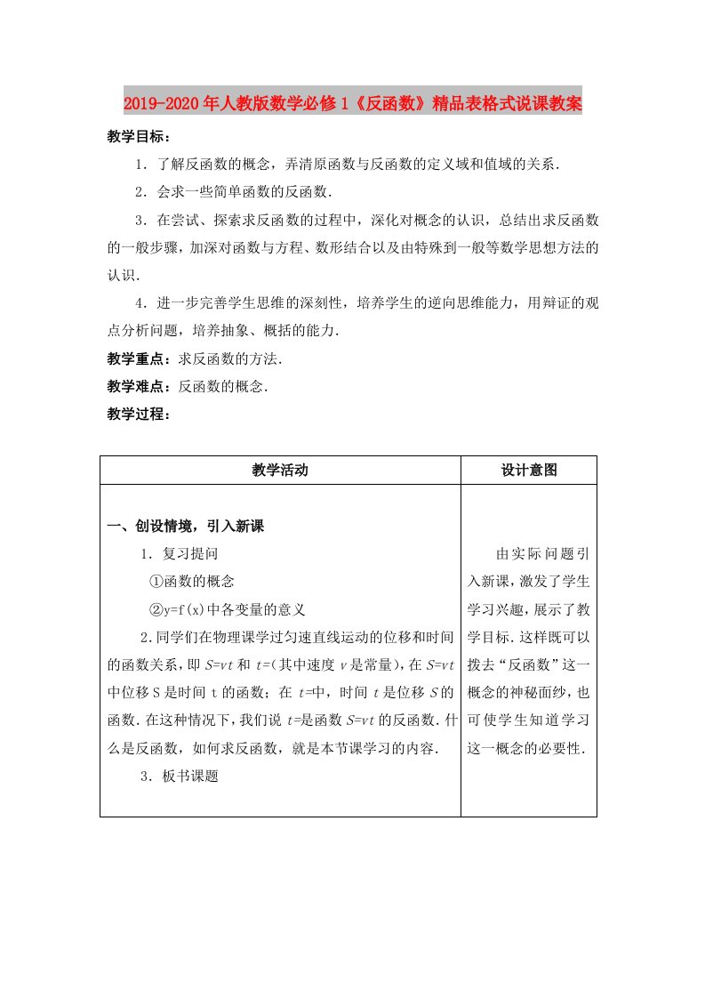 2019-2020年人教版数学必修1《反函数》精品表格式说课教案