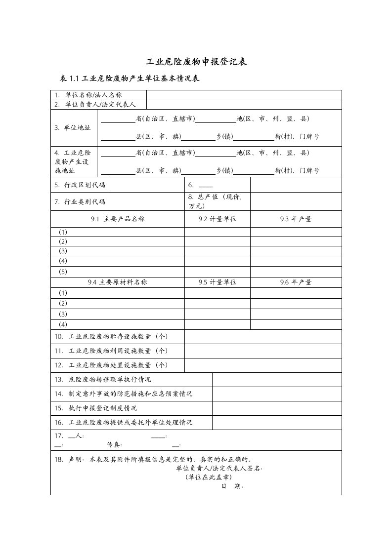 工业危险废物申报登记表