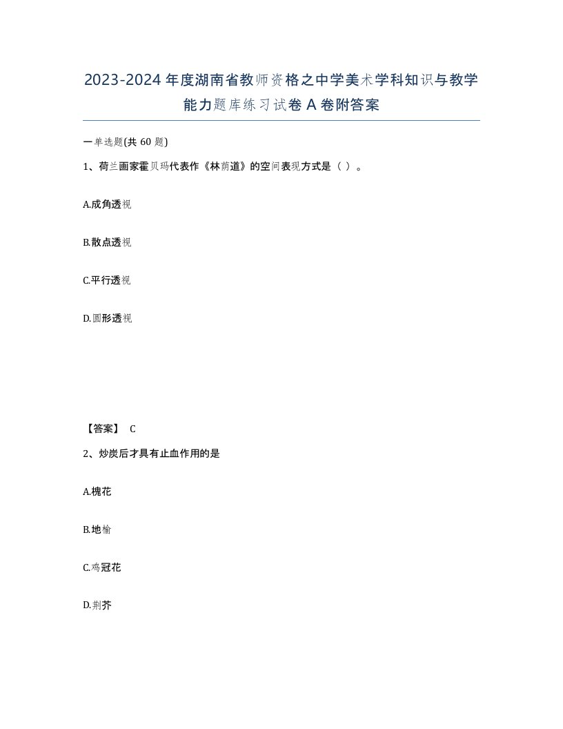 2023-2024年度湖南省教师资格之中学美术学科知识与教学能力题库练习试卷A卷附答案