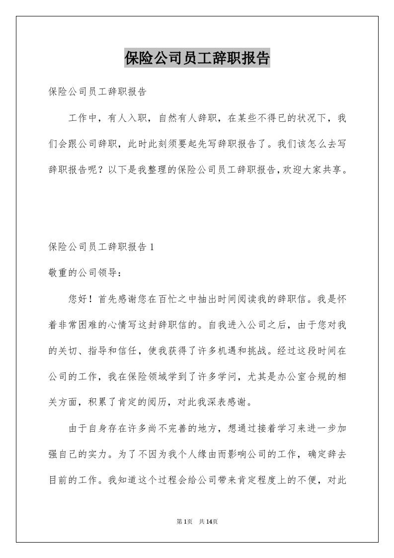 保险公司员工辞职报告例文5