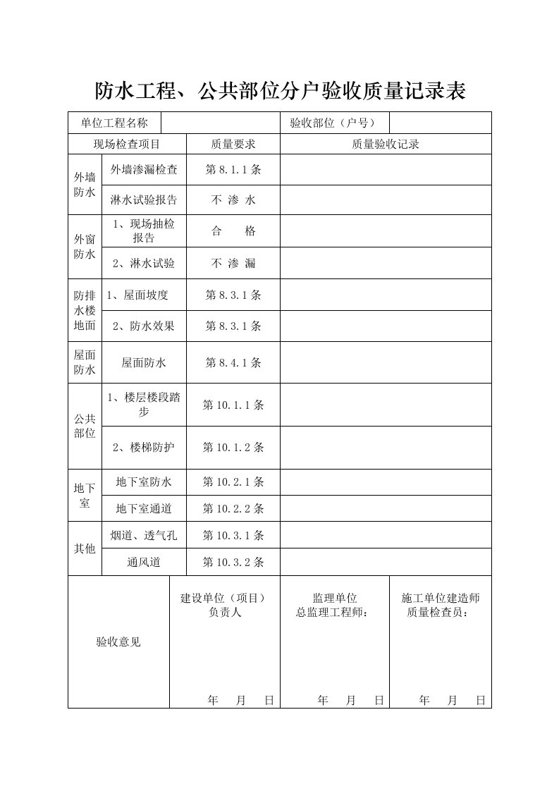 防水工程、公共部位分户验收质量记录表