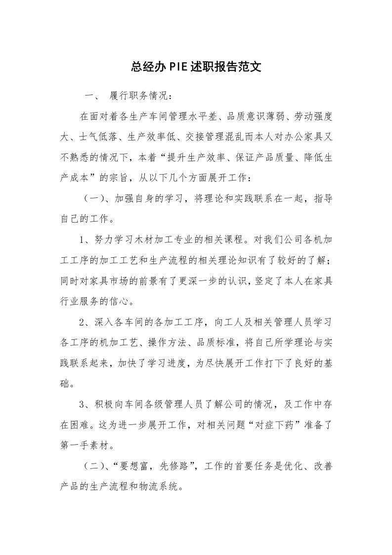 求职离职_述职报告_总经办PIE述职报告范文