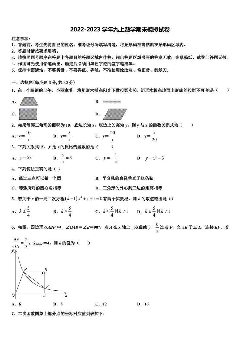 2022年湖北省武汉市蔡甸区八校联盟数学九年级第一学期期末复习检测试题含解析