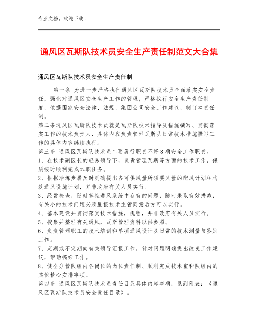 通风区瓦斯队技术员安全生产责任制范文大合集