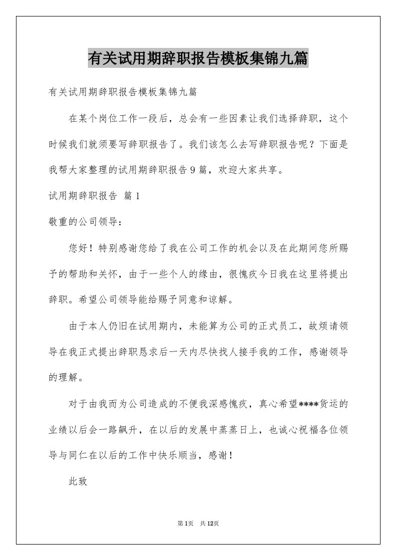 有关试用期辞职报告模板集锦九篇