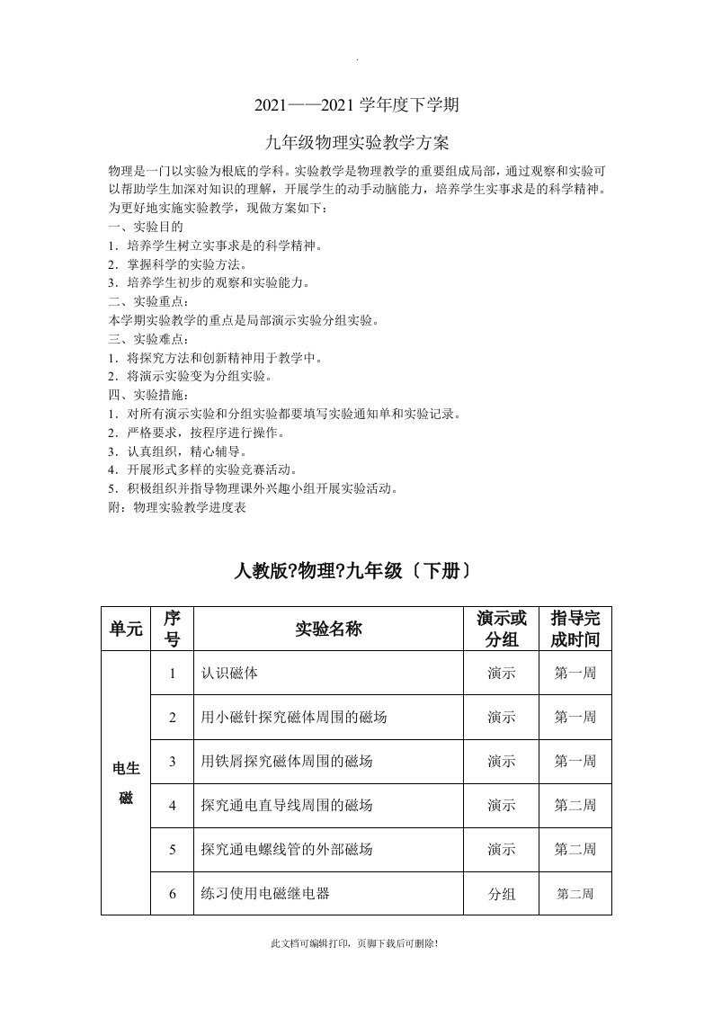 九年级下学期物理实验教学计划2