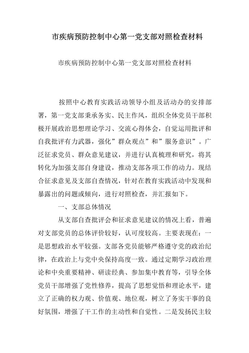 市疾病预防控制中心第一党支部对照检查材料