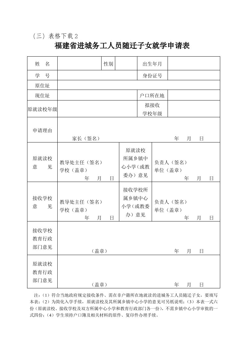 福建省进城务工人员随迁子女就学申请表