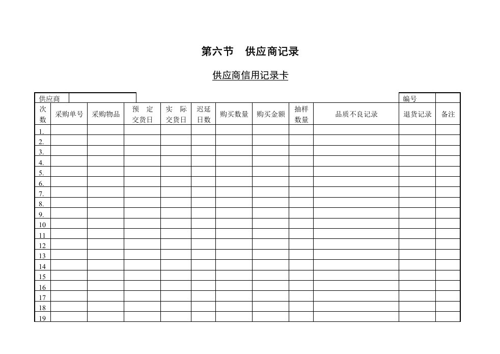 供应商信用记录卡