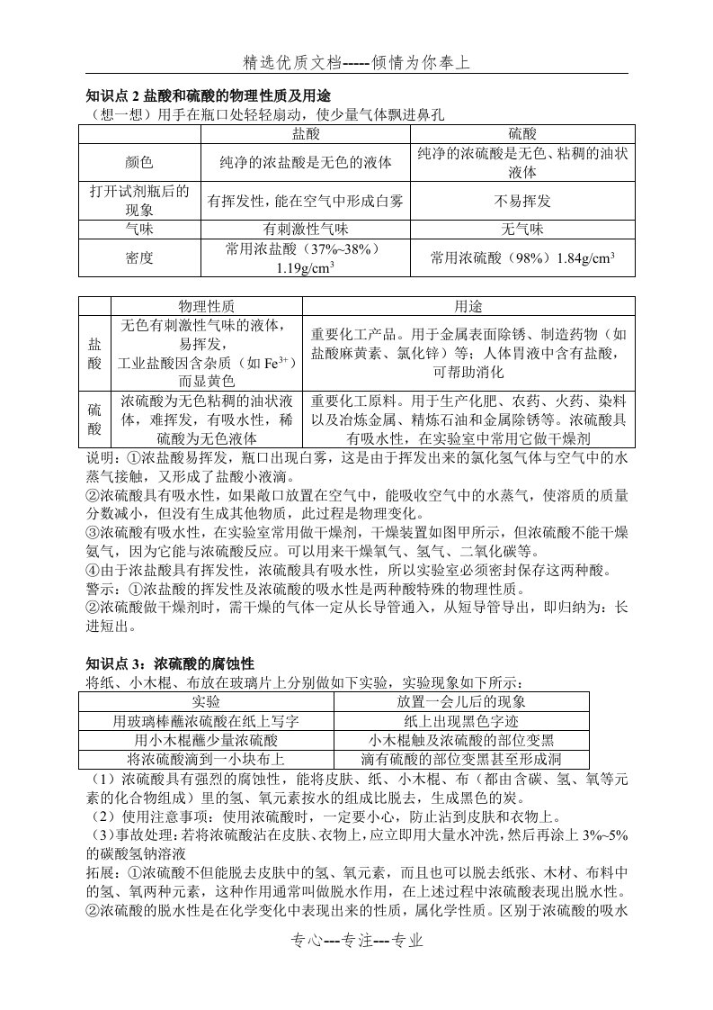 知识点2盐酸和硫酸的物理性质及用途(共3页)