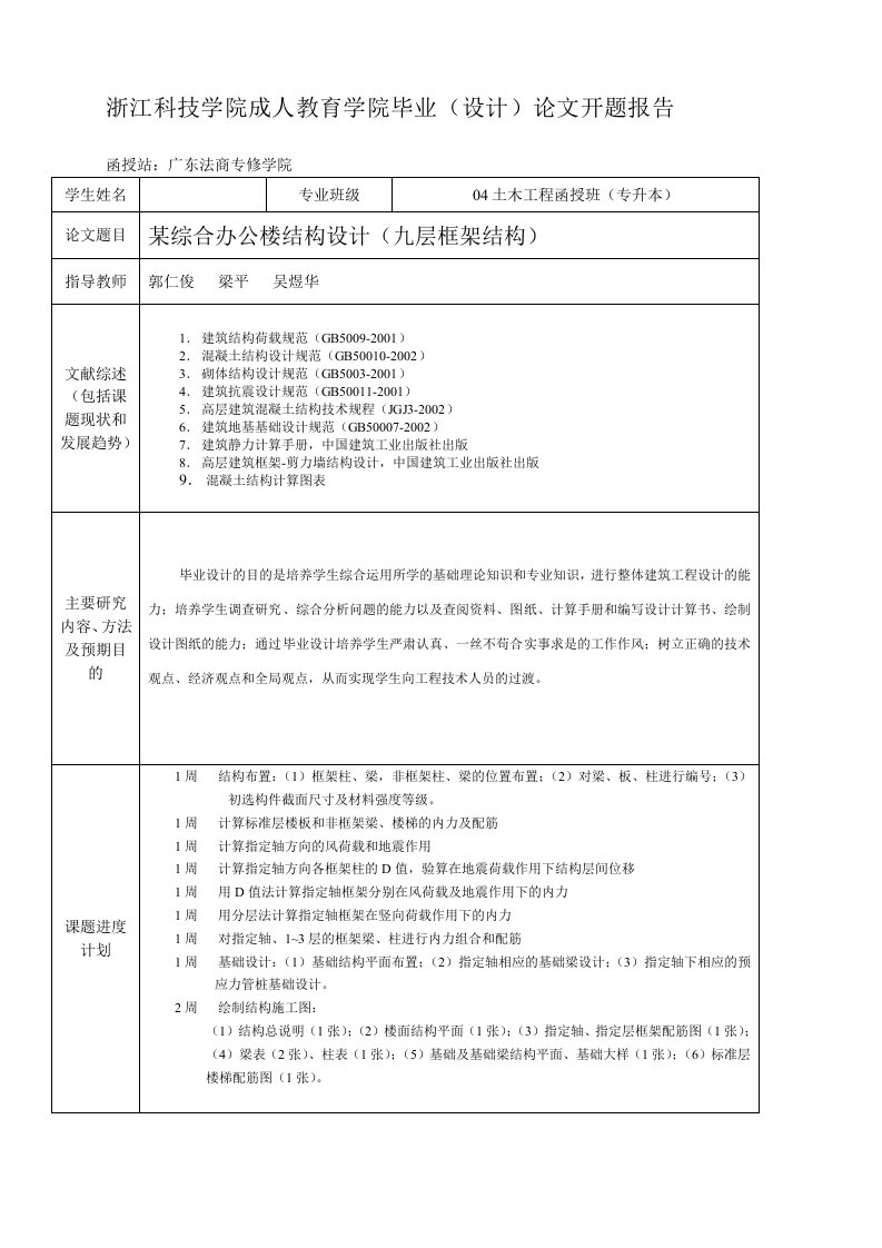 浙江科技学院成人教育学院毕业(设计)论文开题报告