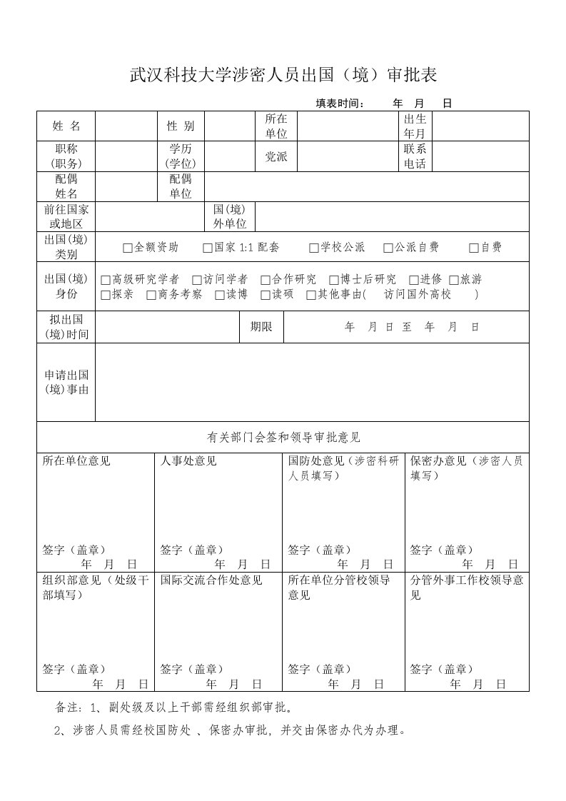 武汉科技大学涉密人员出国境审批表