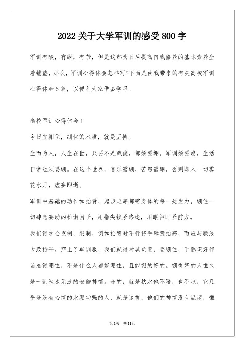 2022关于大学军训的感受800字