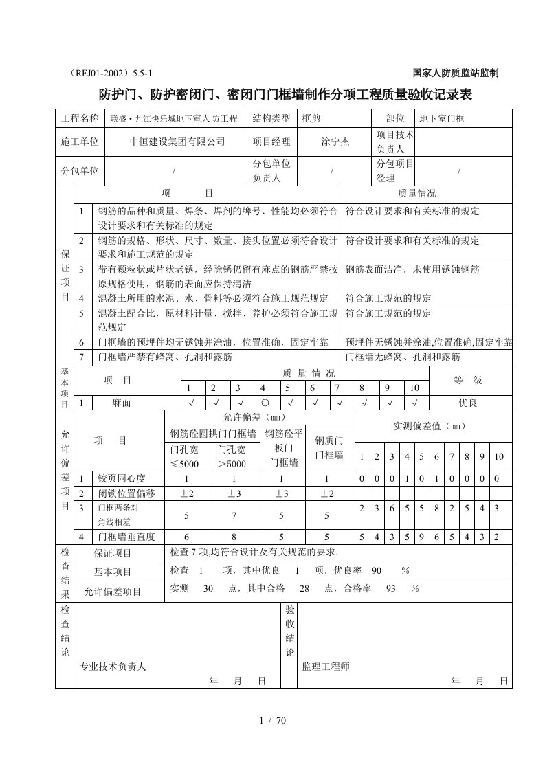 密闭门门框墙制作分项工程质量验收记录表