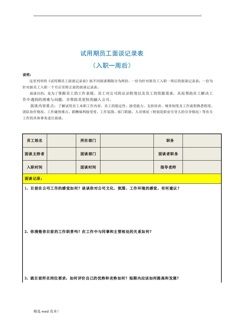 试用期员工面谈记录表