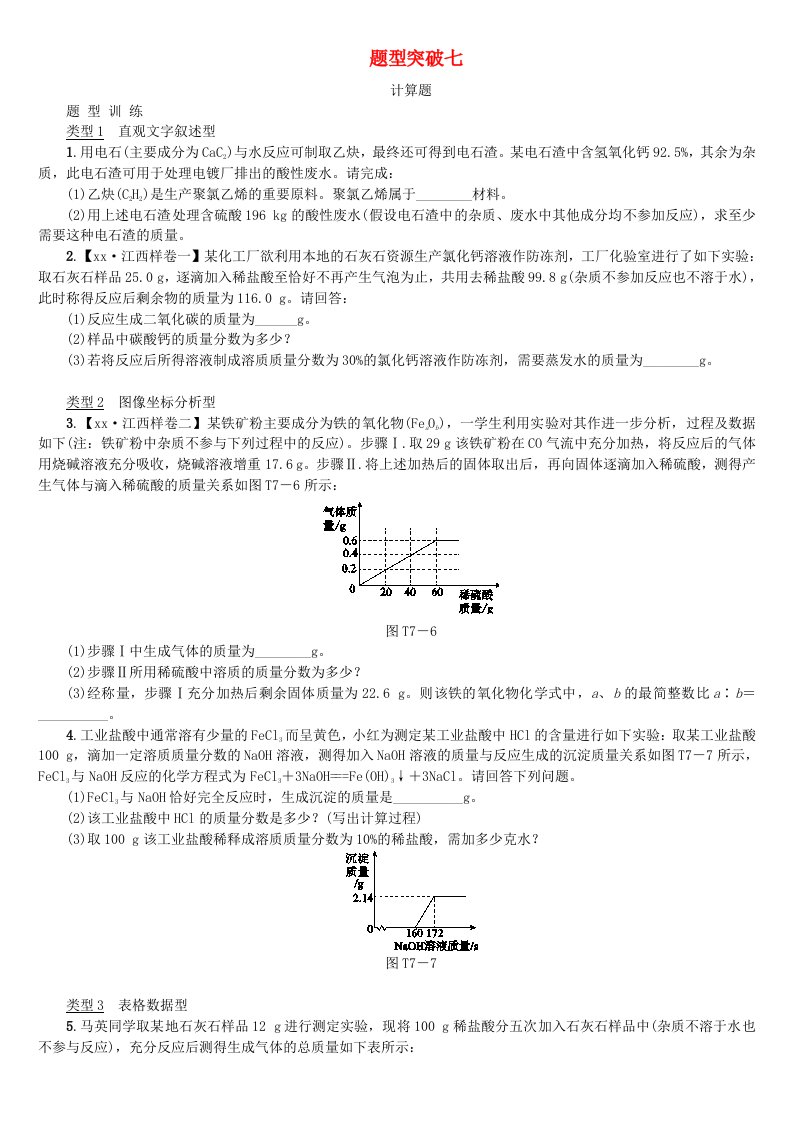 江西省中考化学题型突破方案复习题型训练7计算题