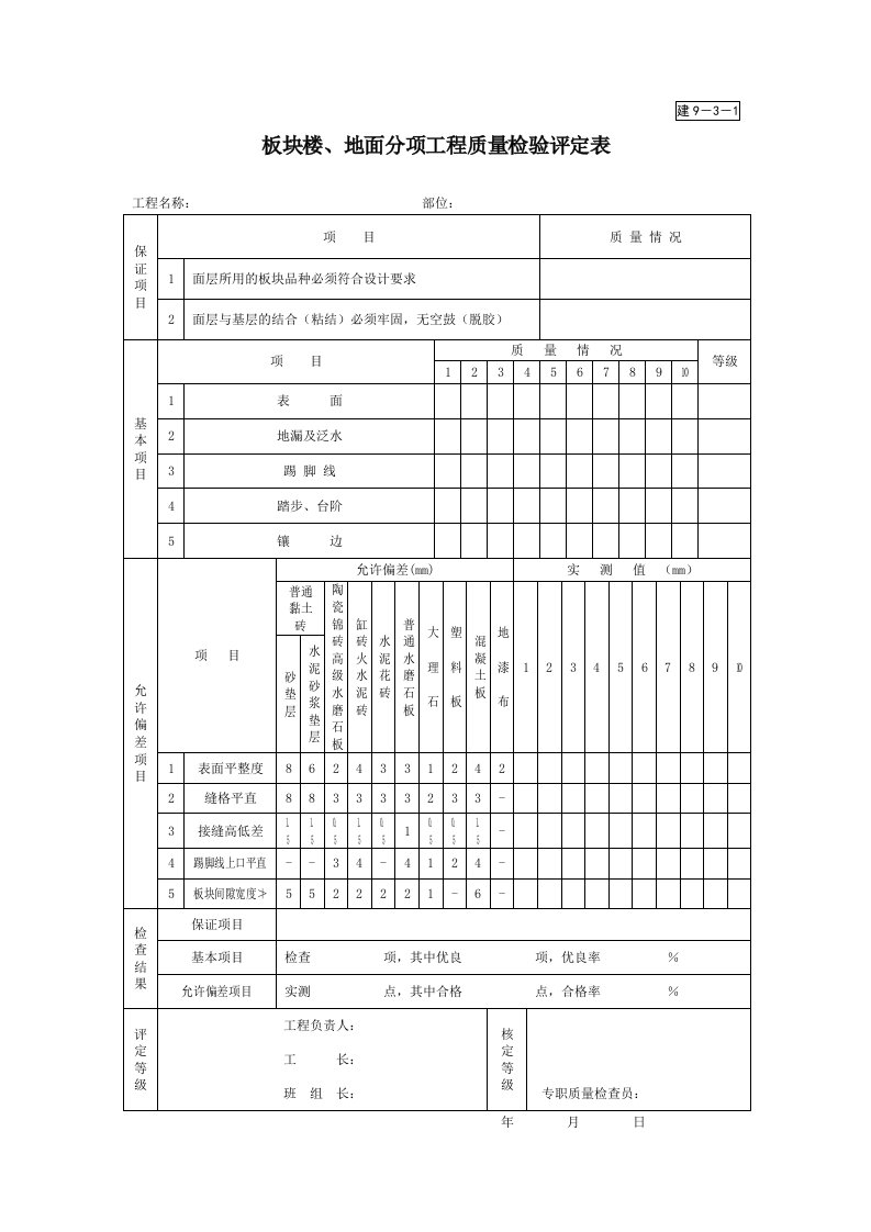 建9-3-1板块楼、地面分项工程质量检验评定表