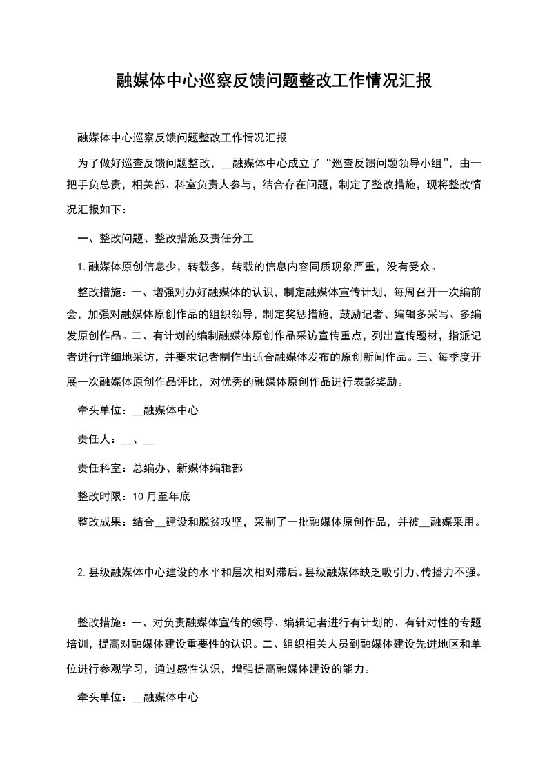 融媒体中心巡察反馈问题整改工作情况汇报