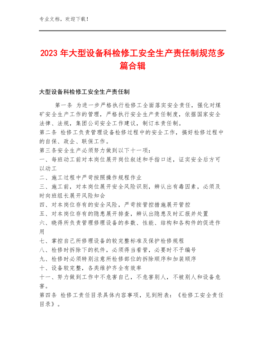 2023年大型设备科检修工安全生产责任制规范多篇合辑