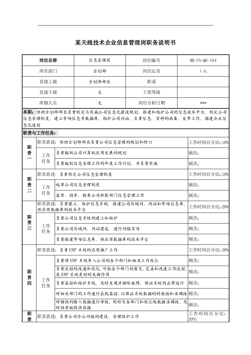 天线技术企业信息管理岗职务说明书