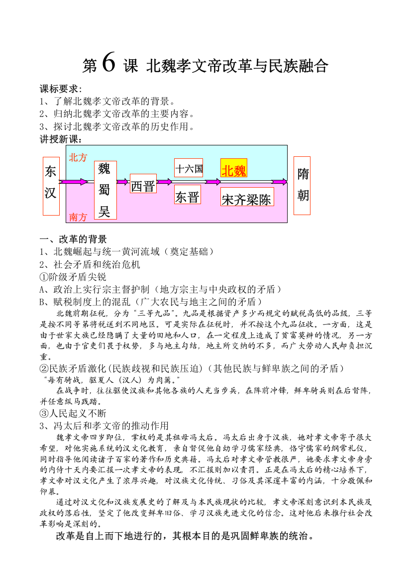 第6课《北魏孝文帝改革与民族融合》教案（人民版）