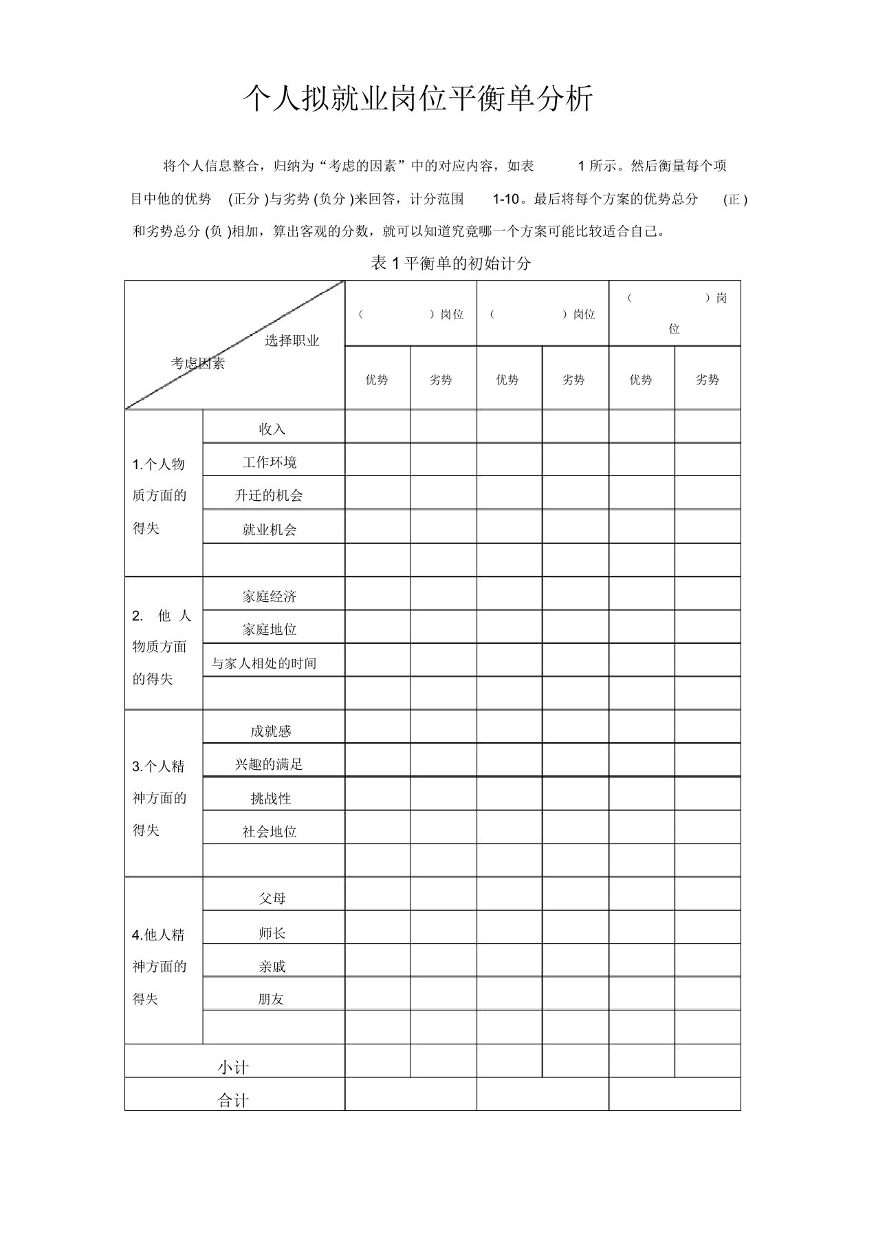 生涯决策平衡单