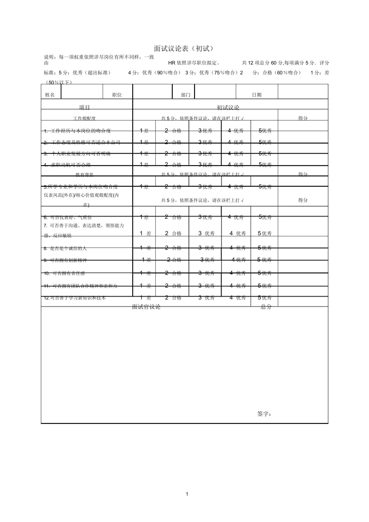 面试评价表