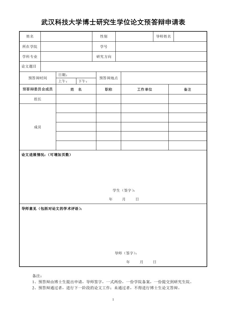 武汉科技大学博士研究生学位论文预答辩申请表